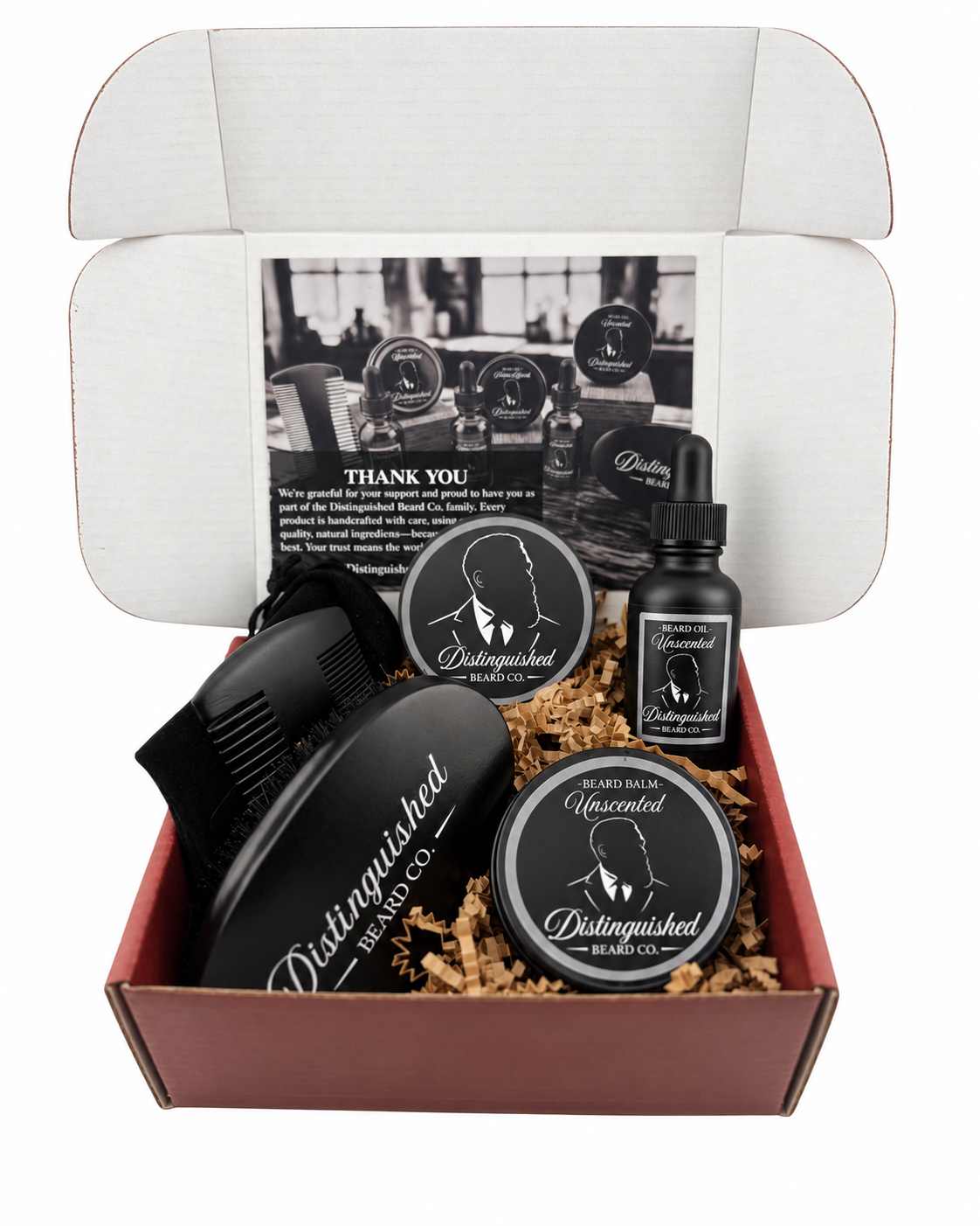 Distinguished Beard Co Unscented Starter Box with matching scent labels and black beard oil bottle