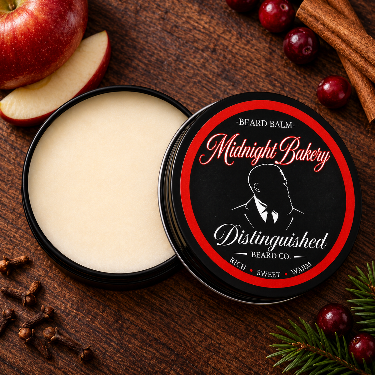 Distinguished Beard Co. Midnight Bakery Beard Balm, open container on dark wood with apple-and-baking-spice inspired accents