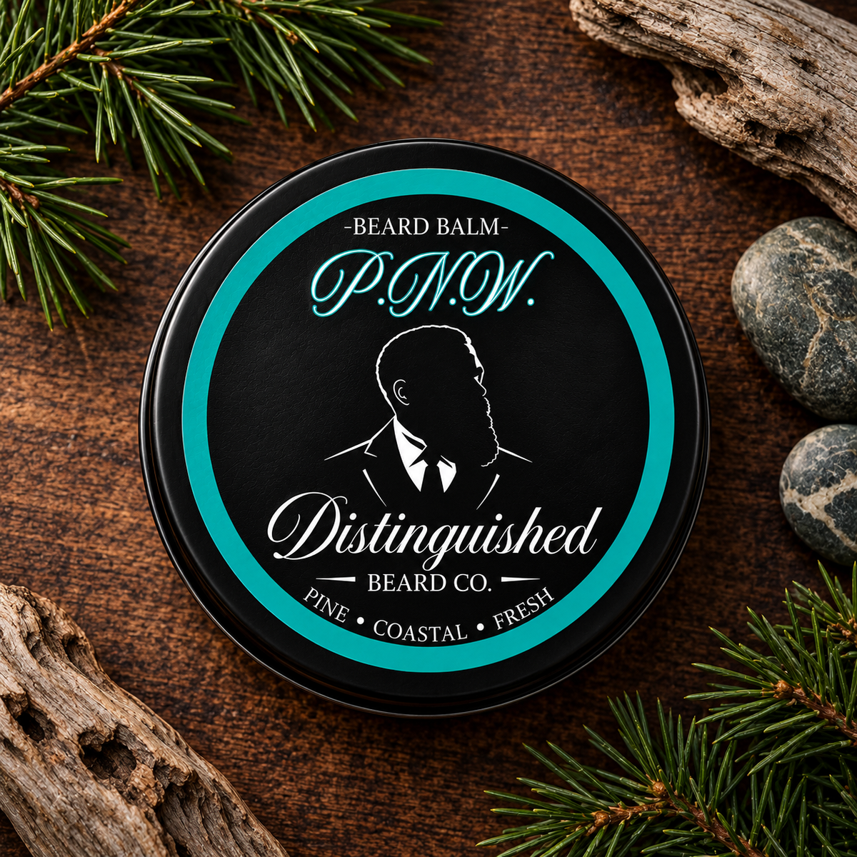 Distinguished Beard Co. P.N.W. Beard Balm, styled product on dark wood with pine-and-coastal inspired accents