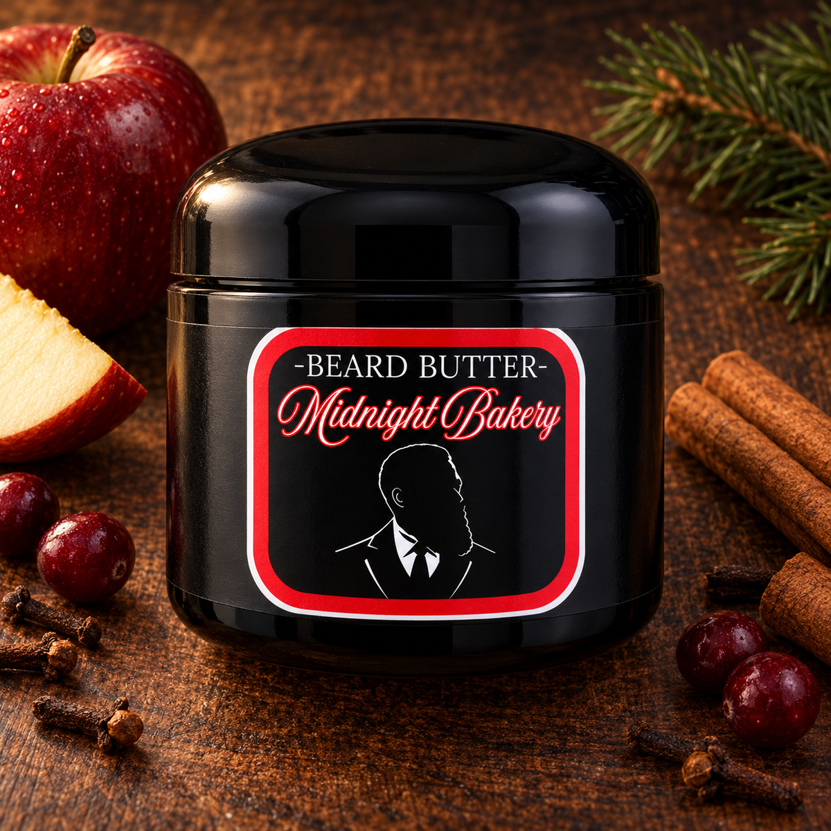 Distinguished Beard Co. Midnight Bakery Beard Butter, styled product on dark wood with apple-and-baking-spice inspired accents