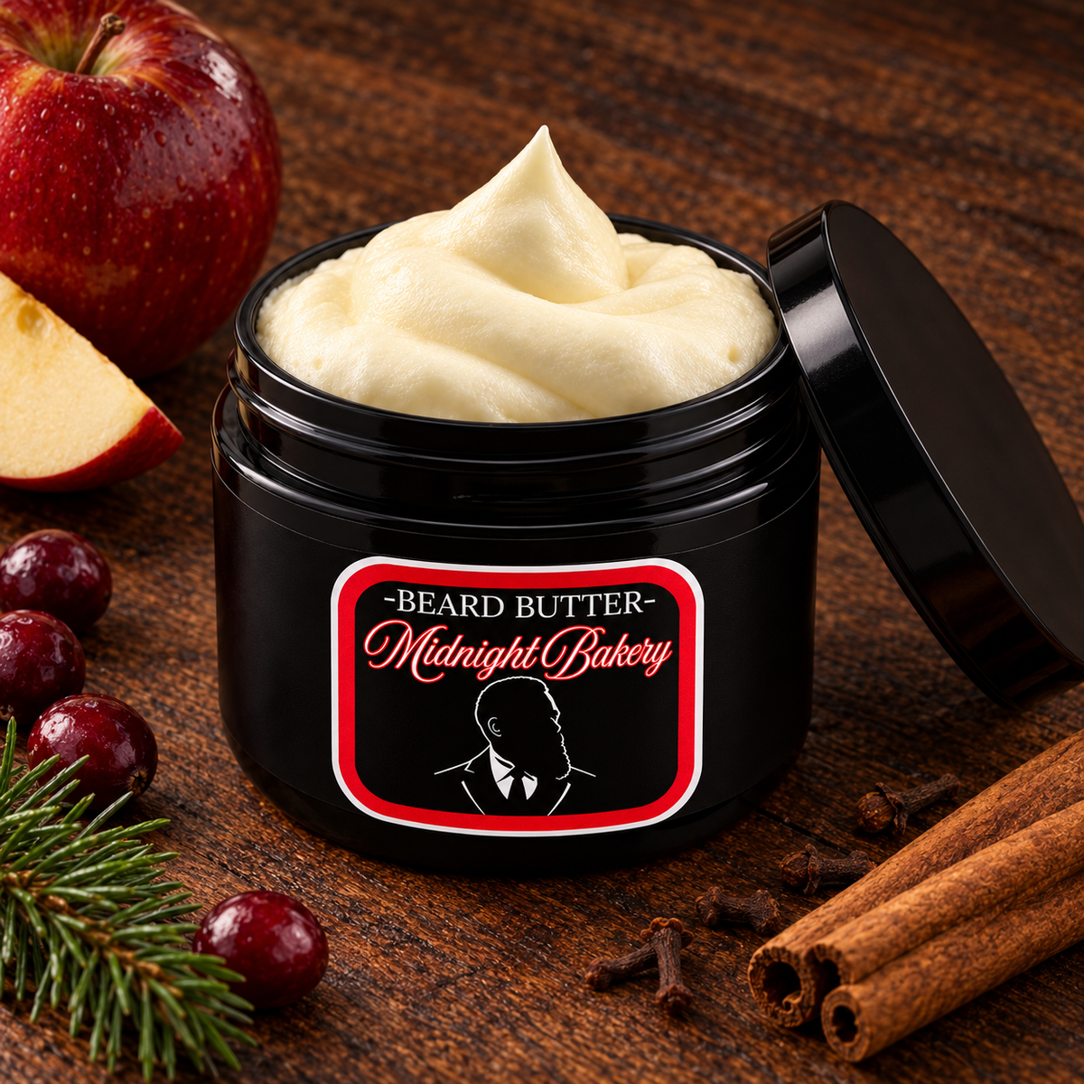 Distinguished Beard Co. Midnight Bakery Beard Butter, open container on dark wood with apple-and-baking-spice inspired accents