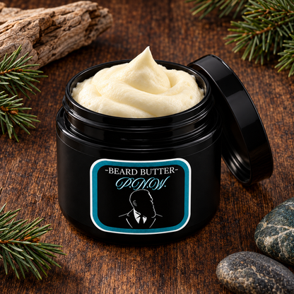 Distinguished Beard Co. P.N.W. Beard Butter, open container on dark wood with pine-and-coastal inspired accents