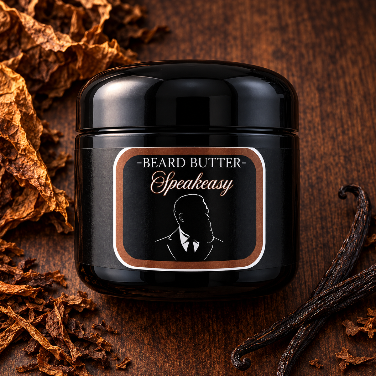 Distinguished Beard Co. Speakeasy Beard Butter, styled product on dark wood with tobacco-and-vanilla inspired accents