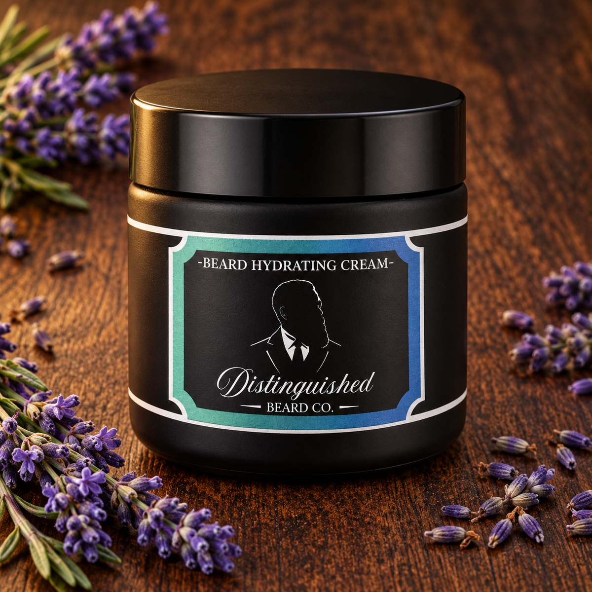Distinguished Beard Co. Lavender Beard Hydrating Cream on dark wood with lavender sprigs