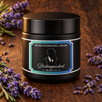 Distinguished Beard Co. Lavender Beard Hydrating Cream on dark wood with lavender sprigs