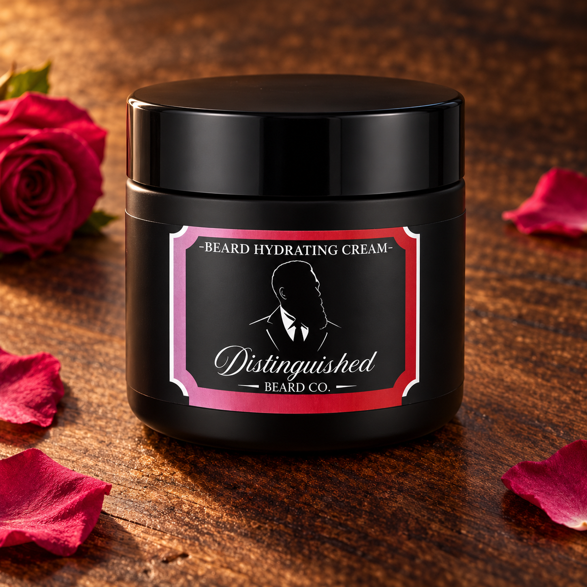 Distinguished Beard Co. Rose Water Beard Hydrating Cream on dark wood with rose petals