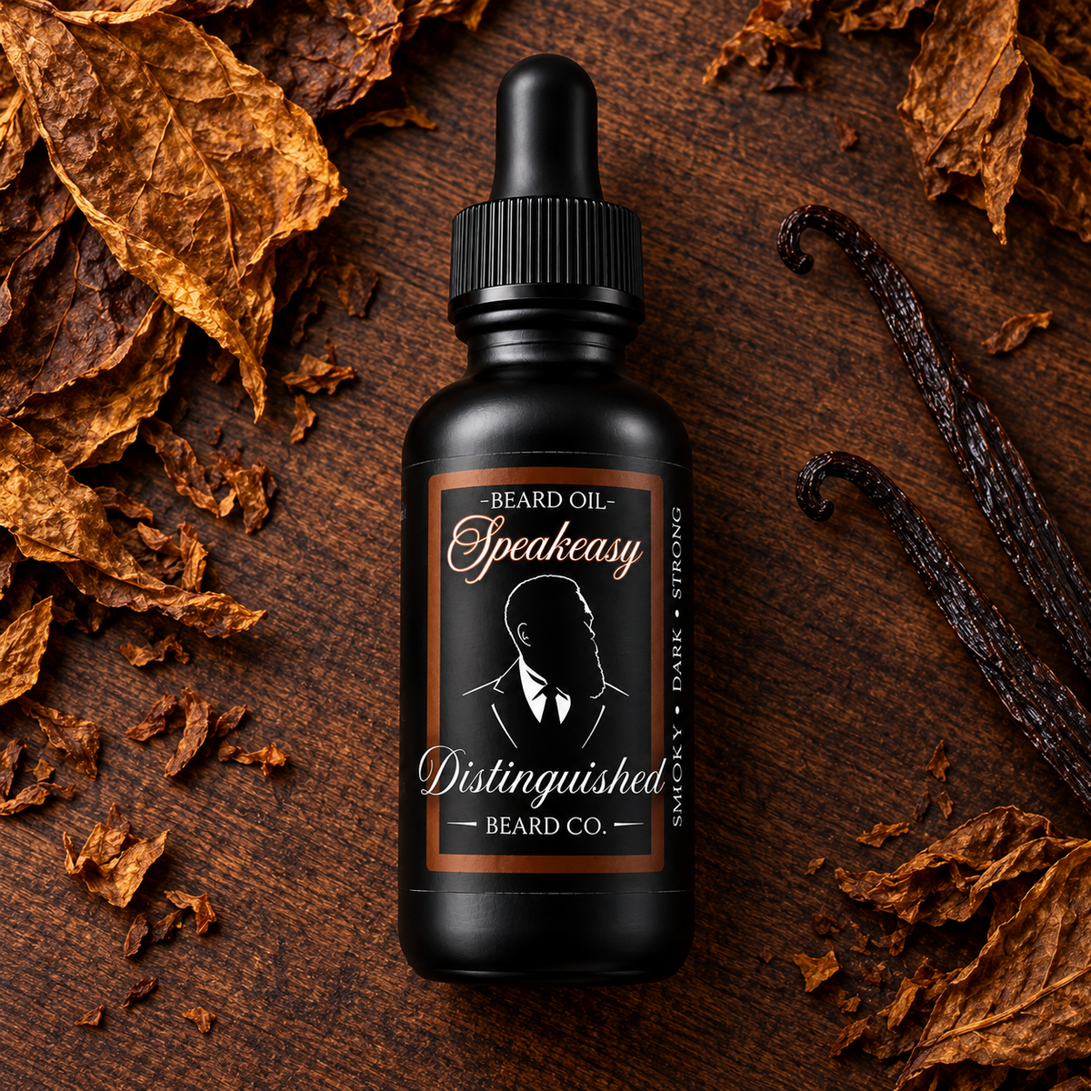 Distinguished Beard Co. Speakeasy Beard Oil, styled product on dark wood with tobacco-and-vanilla inspired accents