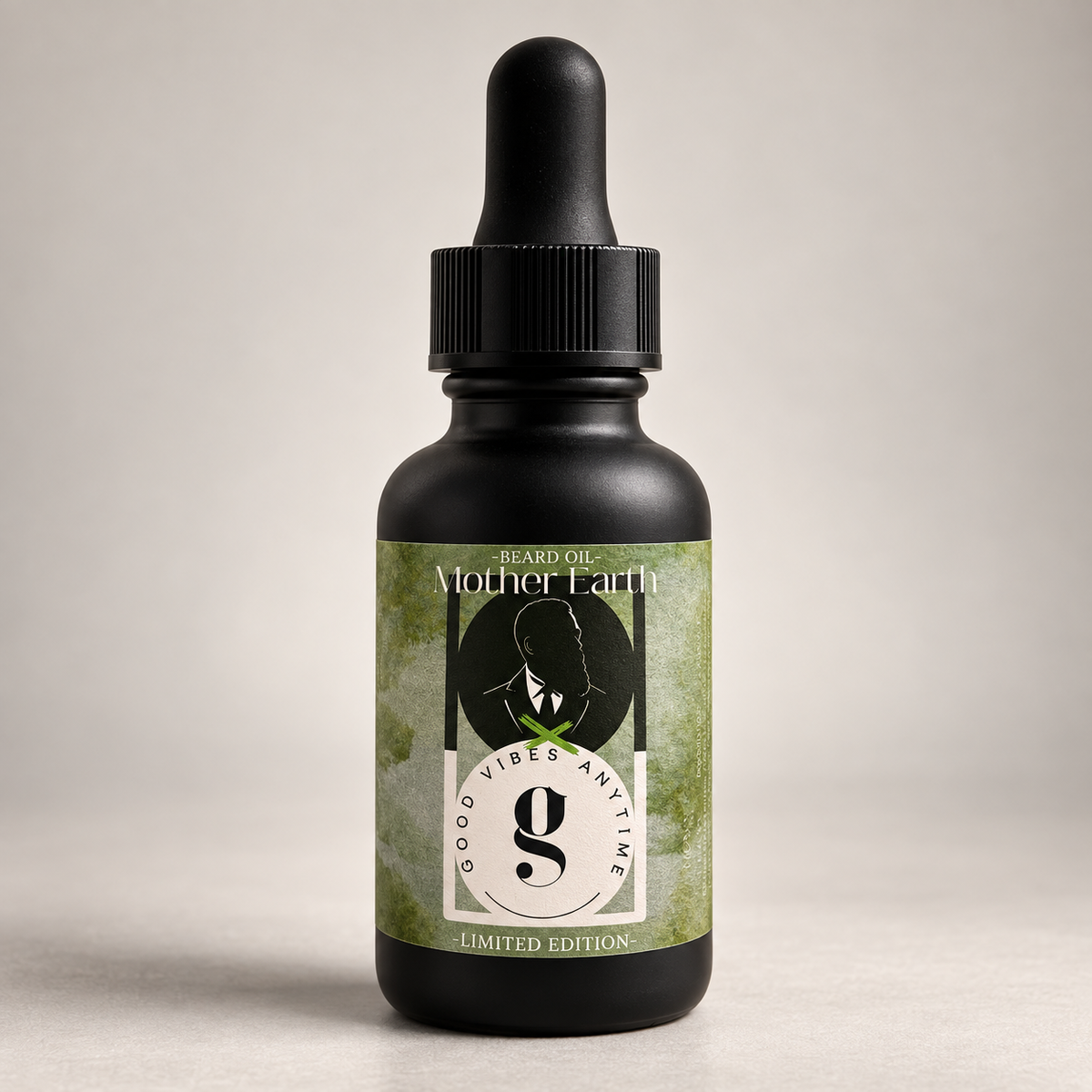 Mother Earth limited-edition beard oil, detailed studio bottle photograph