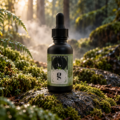 Mother Earth beard oil among green moss and damp woodland stone in soft morning light