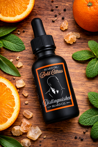 Distinguished Beard Co Bold Citrus Beard Oil in the current black bottle