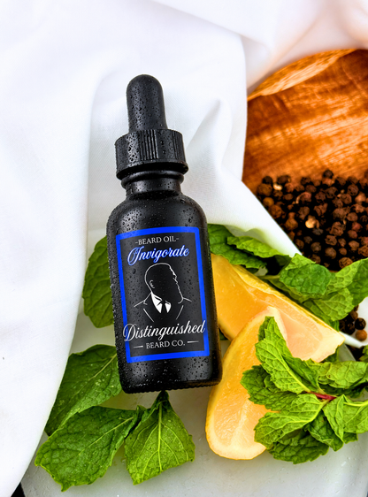 Distinguished Beard Co Invigorate Beard Oil in the current black bottle