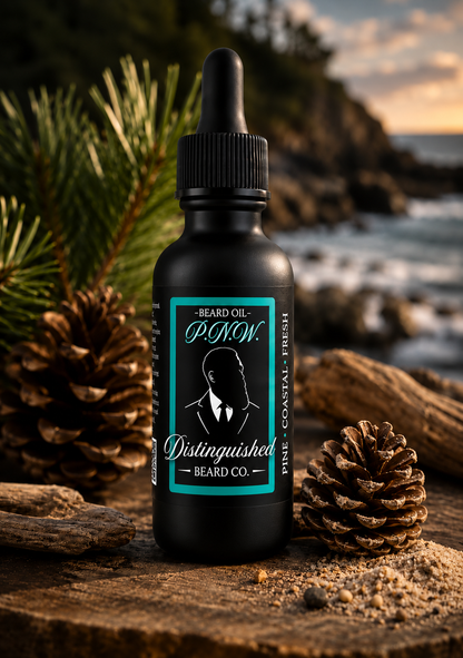 Distinguished Beard Co P.N.W. Beard Oil in the current black bottle