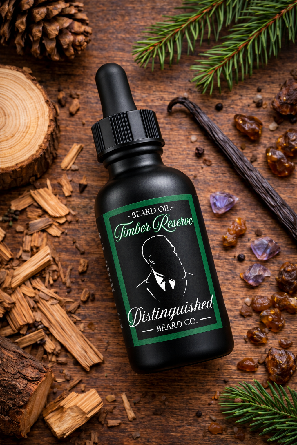 Distinguished Beard Co Timber Reserve Beard Oil in the current black bottle