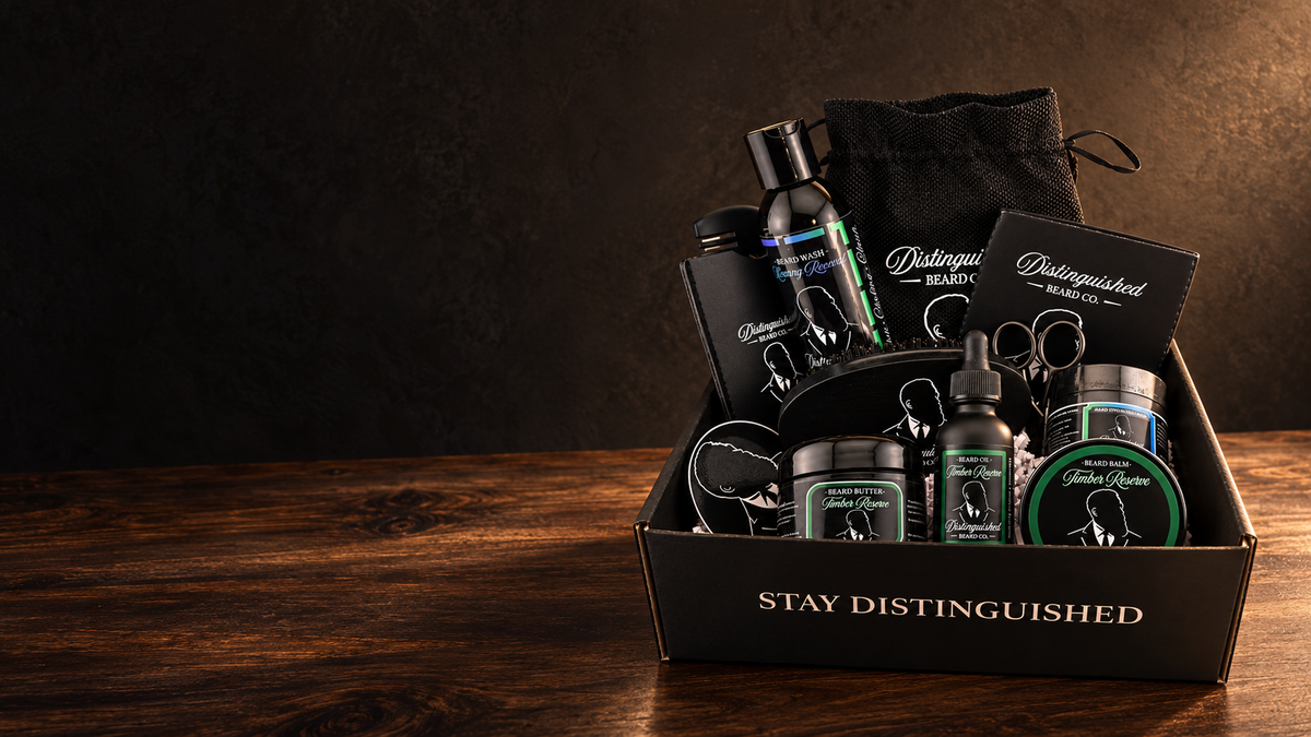 Open Distinguished Box with Timber Reserve beard care and grooming tools on a walnut counter