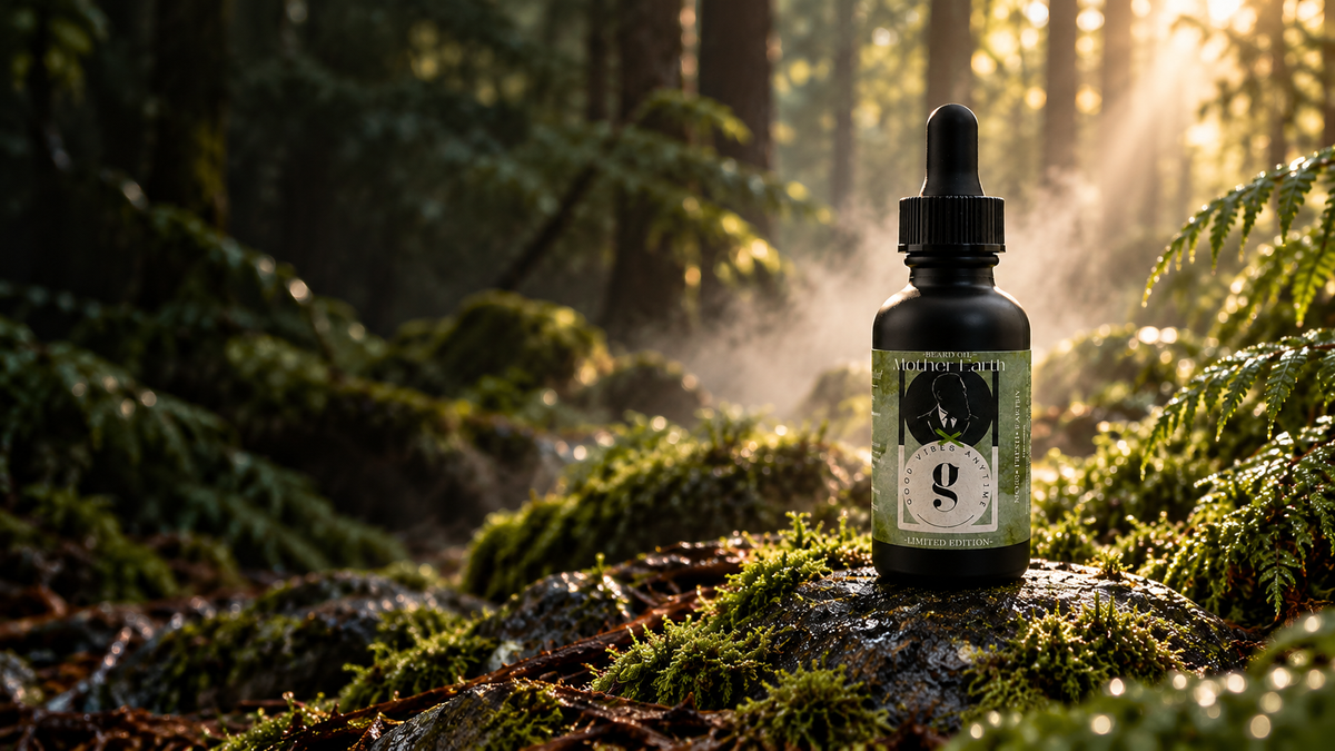 Mother Earth limited-edition beard oil with Good Vibes Anytime scent among moss and sunlit woodland
