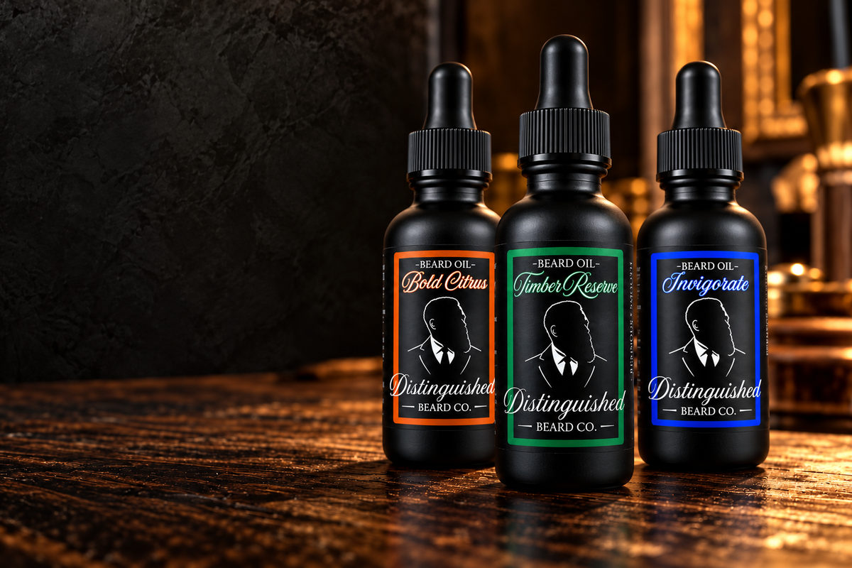 Bold Citrus, Timber Reserve and Invigorate beard oils with their orange, forest green and royal blue labels