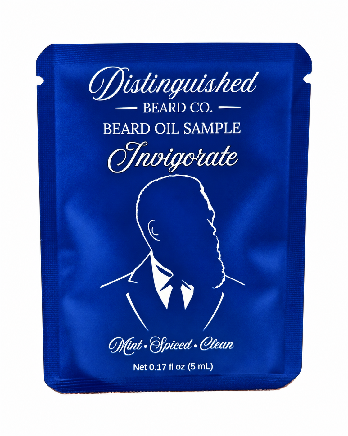 Distinguished Beard Co Invigorate Beard Oil sample packet with matching scent color