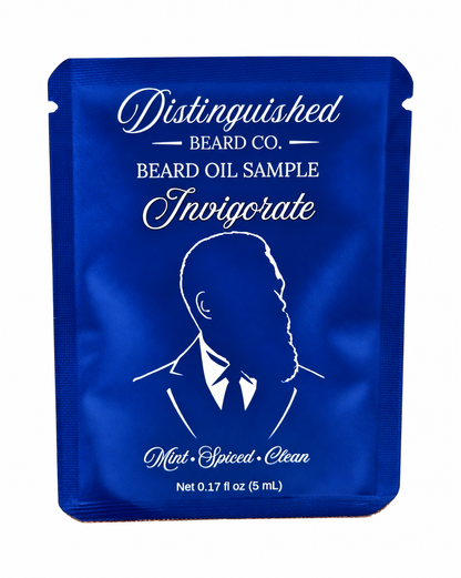 Distinguished Beard Co Invigorate Beard Oil sample packet with matching scent color