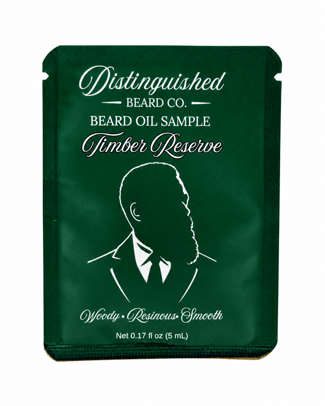 Distinguished Beard Co Timber Reserve Beard Oil sample packet with matching scent color