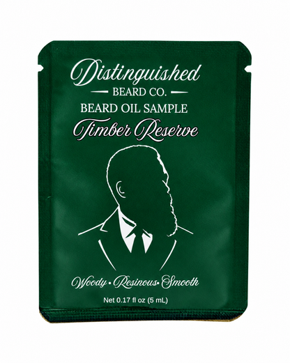 Distinguished Beard Co Timber Reserve Beard Oil sample packet with matching scent color