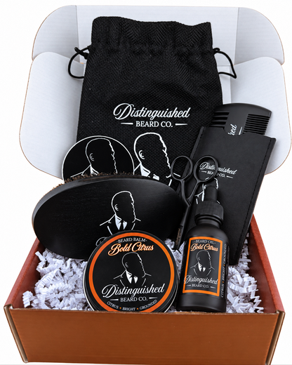 Distinguished Beard Co Bold Citrus Starter Box with matching scent labels and black beard oil bottle
