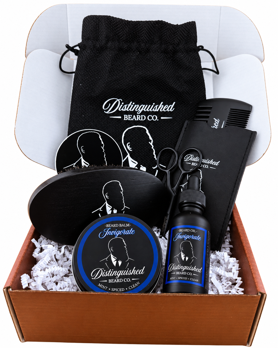 Distinguished Beard Co Invigorate Starter Box with matching scent labels and black beard oil bottle