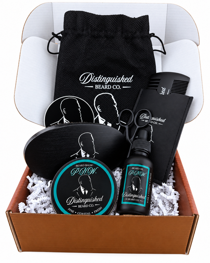 Distinguished Beard Co P.N.W. Starter Box with matching scent labels and black beard oil bottle