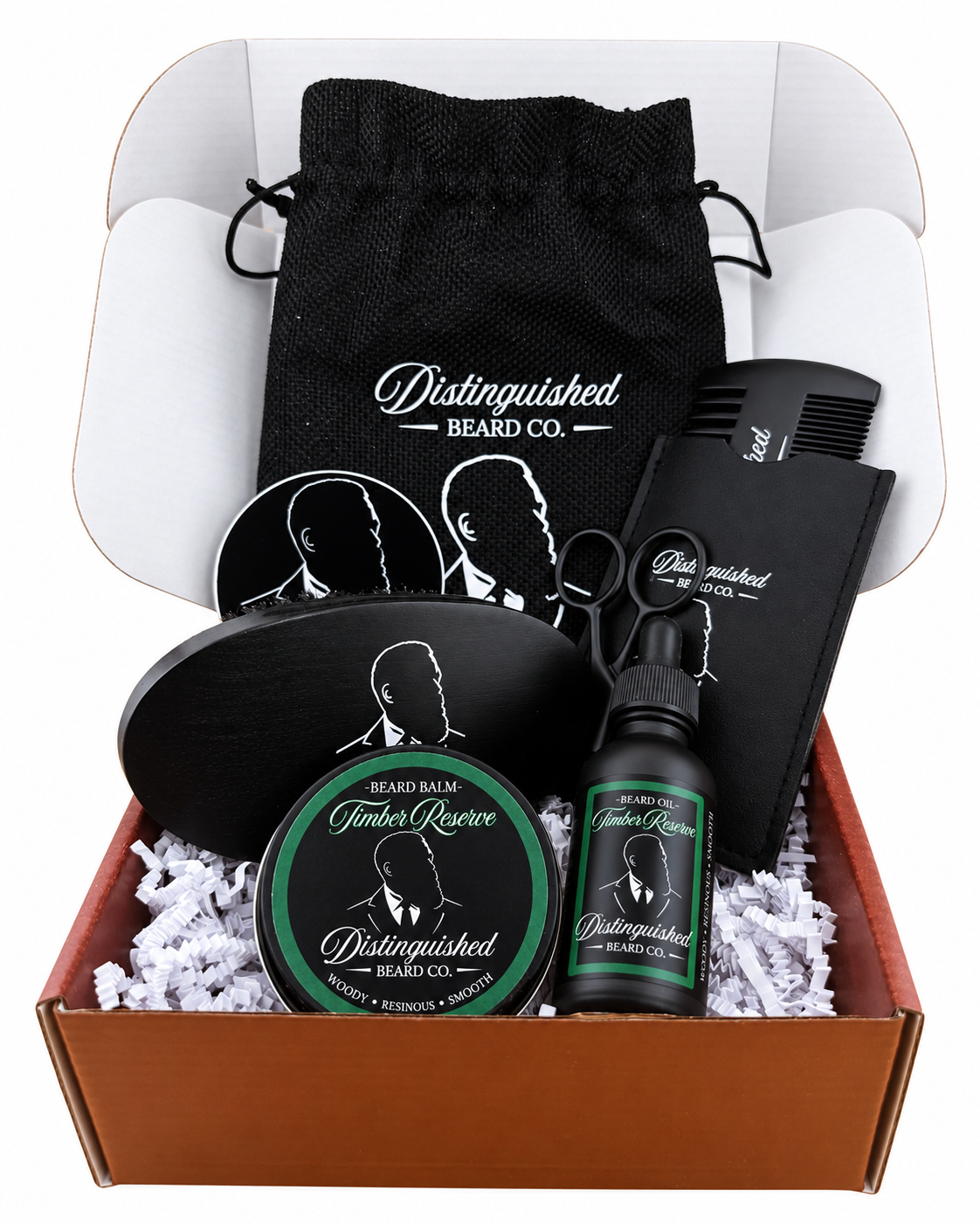 Distinguished Beard Co Timber Reserve Starter Box with matching scent labels and black beard oil bottle
